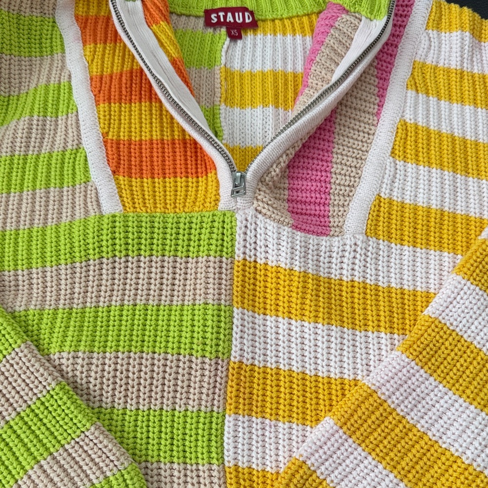 STAUD Neon Green, Yellow & Cream Striped Half-Zip Sweater - Picture 3 of 6
